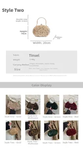 Detail chart of sequin evening shell bag showing size 20x14x5cm and various colors