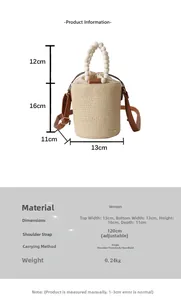 Size chart for woven straw bucket bag showing dimensions and adjustable strap length