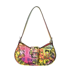 Chic yellow graffiti hobo bag with colorful letter prints and silver buckle for women