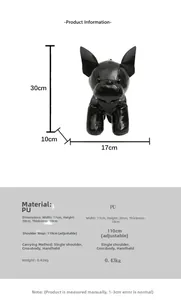 Detailed size specifications of the black French Bulldog shaped crossbody bag in PU leather