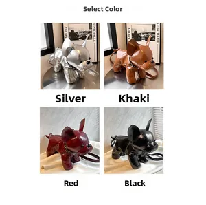 French bulldog crossbody bags available in metallic silver, khaki, dark red, and black