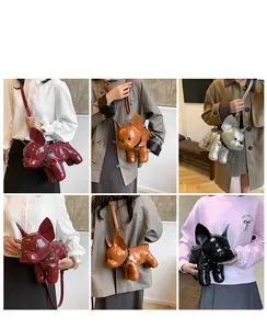 French Bulldog crossbody bag details showing four glossy colors with black rivet collars