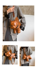 Brown French Bulldog shaped PU leather crossbody bag with rivet collar detail