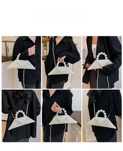 Detail shots of white pearl woven bag showing crossbody and handheld styling options