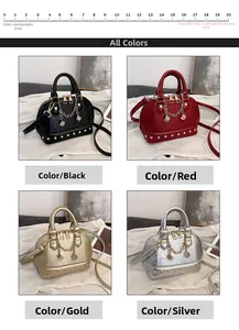 Close-up of shell bags with metallic finishes, chain charms and bottom rivet details