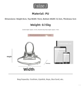 Detailed size chart for mini PU leather crossbody bag showing dimensions and capacity