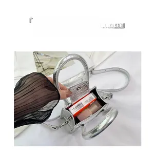 Silver metallic mini bag detail showing interior storage capacity for lipstick and box