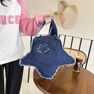 Sac À Épaule En Denim En Forme D'étoile Bords Effilochés Style Rétro Y2K Sac Cabas Pour Femmes Mode Streetwear