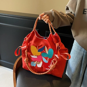 Large Capacity Canvas Tote Bag Women Colorful Apple Embroidery Braided Rope Handles Casual Japanese Style Shoulder Bag