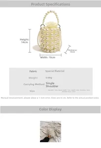 Detailed size chart for the pearl bucket bag showing height 14cm and width 10cm