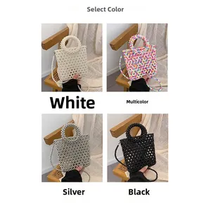 Collage showing mini beaded bags in white, multicolor, silver, and black options