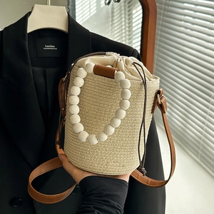 Woven Straw Bucket Bag For Women Mori Style Fashion With Wood Bead Handle Leather Shoulder Strap Drawstring Summer Vacation