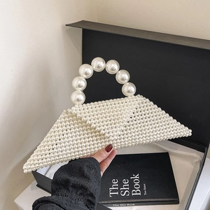 Triangle Faux Artificial Pearl Beaded Handbag For Women Elegant Large Artificial Pearl Handle Shoulder Bag Crossbody Purse For Wedding Party Summer