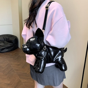 Quirky black French Bulldog crossbody bag in glossy faux leather with gold hardware