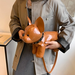 French Bulldog shaped brown faux leather crossbody bag with stylish rivet collar detail