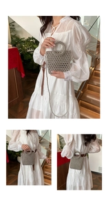 Detailed view of silver metallic beaded mini bag with woven texture and chain strap