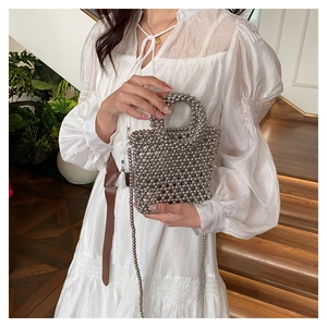 Detailed close-up of a silver beaded handbag with metallic beads and long chain strap
