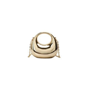 Modern gold metallic dumpling bag with round handle and elegant chain shoulder strap