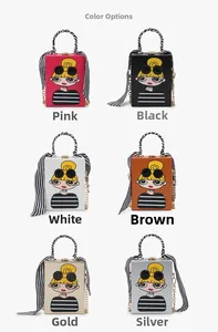 Detailed grid view of cartoon print box bags in six colors with stylish scarf handles
