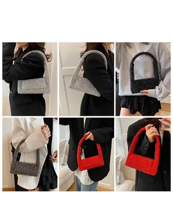 Detail shots showing handcrafted acrylic beaded tote bags in silver, black, and red colors