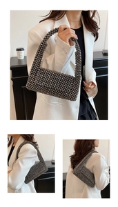 Detail of grey metallic beads texture and hand-woven craftsmanship on the hobo bag