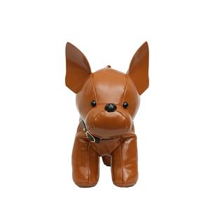 Cute brown French Bulldog plush crossbody bag with leather finish and gold hardware details