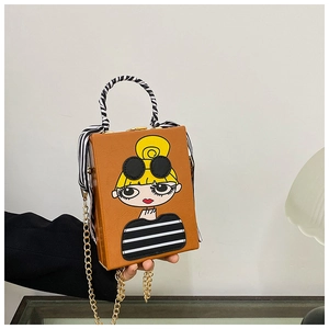 Detail of creative brown box bag featuring a stylish cartoon girl with sunglasses print