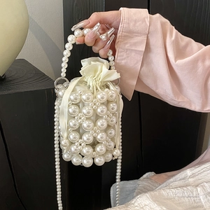 Elegant Handmade Artificial Pearl Woven Bucket Bag With Satin Drawstring Liner Vintage Crossbody Handbag For Women Beach Party