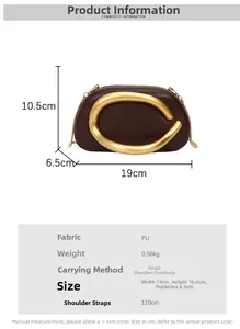 Detail showing dimension info and dark brown evening bag with golden metal buckle