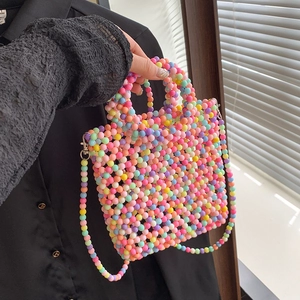 Mini Handbag Handmade Beaded Shoulder Bag Crossbody Tote Sweet Fashion Novelty Rainbow Artificial Pearl Glossy For Women