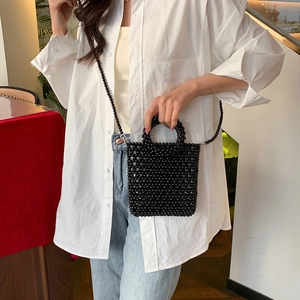Black beaded handmade mini jelly tote bag with woven pearl handle and long strap