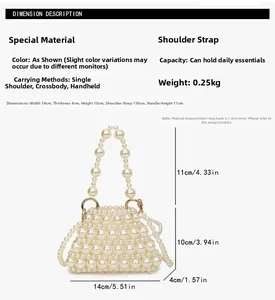 Detailed view of handmade pearl woven mini bag with dimensions and pearl strap length