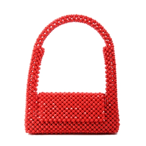 Red acrylic beaded woven handbag with rectangular body and semi-circular handle