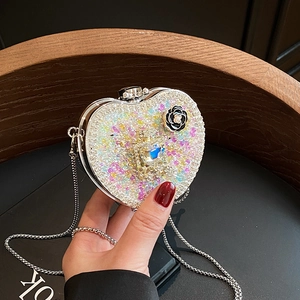 Mini Evening Bag Rhinestone Acrylic Heart Square Party Crossbody Clutch With Metal Chain Fox Lip Crown Flower Decor