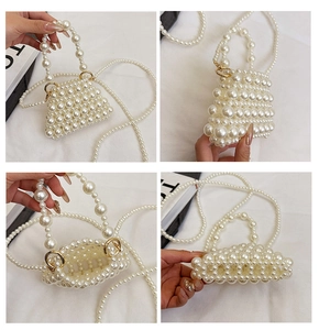 Detailed views of handmade pearl mini bag with gold hardware and beaded shoulder strap