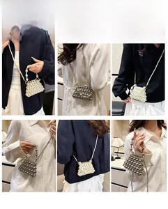 Mini pearl beaded crossbody bag showing multiple carrying styles and metallic silver details