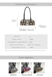 Detailed size chart and color options for the snake print faux leather baguette bag
