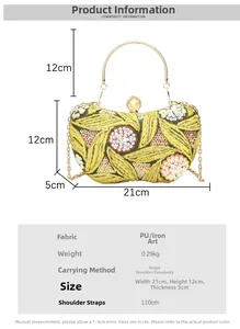 Detailed dimensions of yellow sequin evening bag with floral embroidery and pearl handle