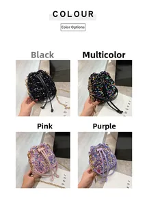 Detail view of four sequin bucket bags in black, colorful, pink, and purple with chain strap