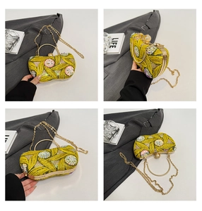 Detailed views of yellow beaded evening clutch with sequin flowers and pearl clasp