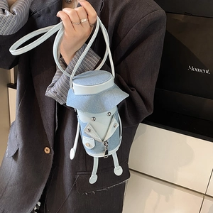 Cute cartoon character crossbody bag in denim and light blue PU leather patchwork