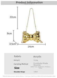 Detailed dimensions of a gold mirror bow acrylic bag with beaded metal chain strap