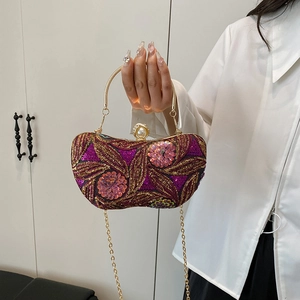 Floral sequin evening handbag with pearl clasp and gold handle for elegant formal events
