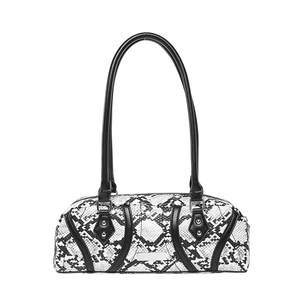 Chic snake print shoulder bag with black leather trim and metallic rivet details