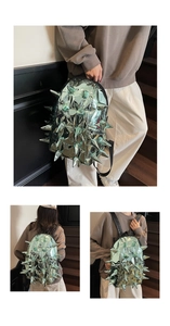 Detailed views of turquoise punk rivet backpack with metallic finish and studs