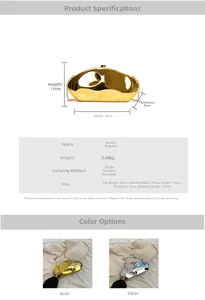 Detailed size specifications for gold and silver acrylic evening clutch with dimensions