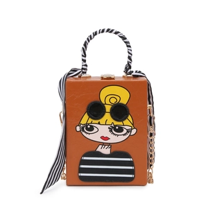 Brown box evening bag with cartoon woman face pattern and gold chain strap