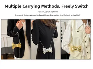 Detailed views of the metallic bow-shaped mini bag worn as a crossbody and handbag