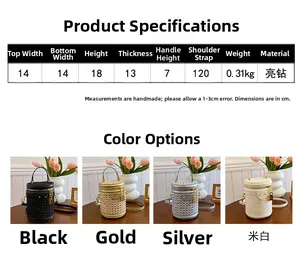 Detailed close-up showing four sparkling rhinestone cylinder bags in various colors