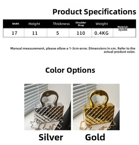 Size chart showing dimensions 17x11x5cm for metallic quilted chain box bag